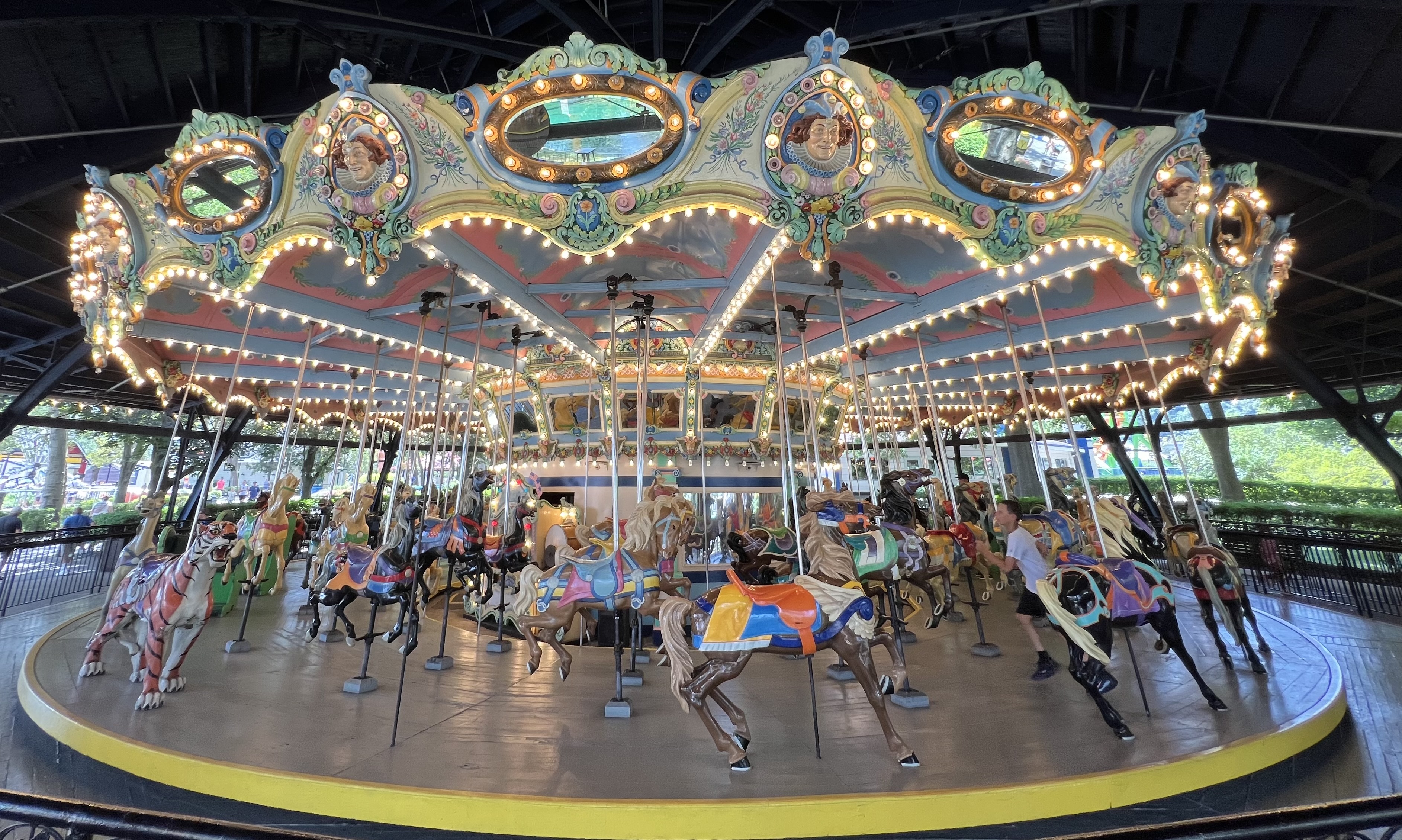 The historic Kennywood Merry-Go-Round, a 1927 Dentzel carousel and National Historic Landmark, illuminated during National Carousel Day celebration.